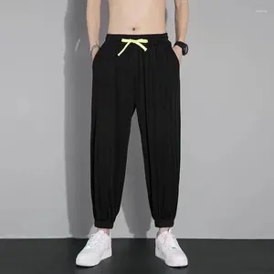 Pantalon d'été pour hommes, taille élastique, longueur cheville, décontracté, Style coréen, coupe régulière, couleur unie, pantalon de luxe, A103