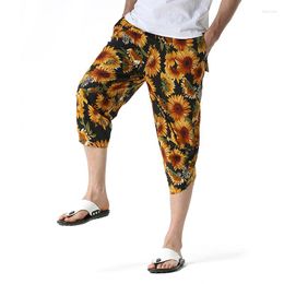 Pantalons pour hommes été Hip Hop lin tournesol imprimé recadrée décontracté bord de mer plage vacances pantalons pour hommes élégant lâche pantalons Hombre