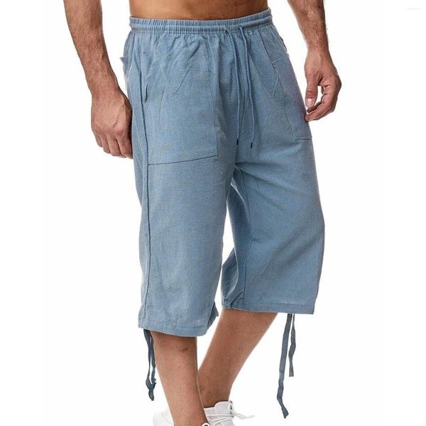 Pantalones para hombres Ocio de verano Hombres Sólido Suelto Algodón Ropa de lino Cordón Pantalones cortos de playa para hombre Streetwear Recortado