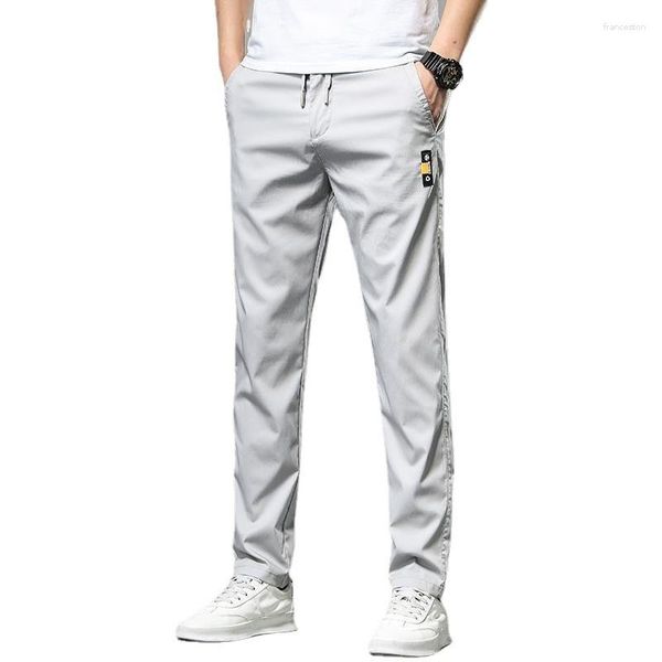 Pantalones para hombres verano hombres livianos casuales de hielo gris seda de la cintura elástica recta pantalones de cintura