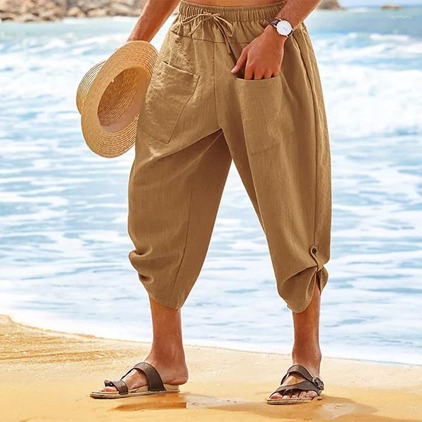 Pantalons pour hommes Summer Linen Beachwear Capris Cordon de serrage Taille élastique Poches avant Designer Wear Baggy