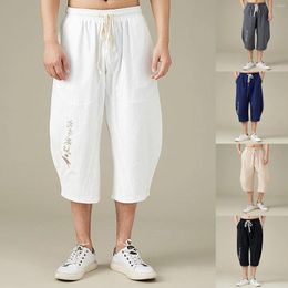 Pantalones para hombres lino de verano bordado casual de algodón pantalones recortados deportes estilo chino