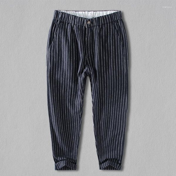 Pantalon d'été en lin pour hommes, tendance, ample, à rayures en coton, sarouel, taille élastique, polyvalent, rayé, Vintage