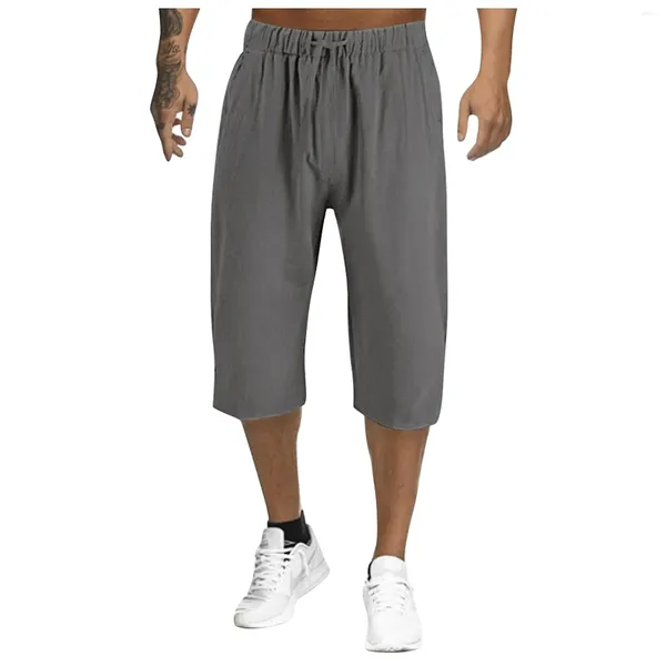 Pantalon pour hommes Summer Man Casual Court 3XL Lin Coton Taille haute Bermuda Short Solid Cordon Pantalon de survêtement Bleu Breeches avec poches