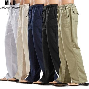 Pantalon masculin d'été hommes couleurs massives lin multi-poche droite décontractée plus grande taille respirant cordon confortable pantalon lâche 220827