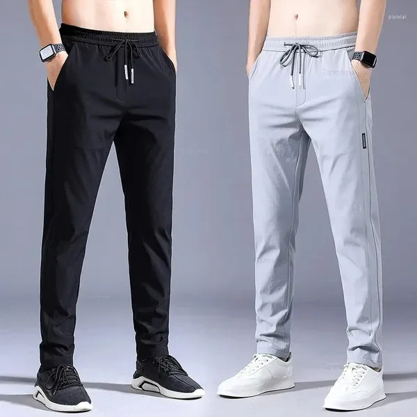 Pantalones de hombres verano suave casual delgada delgada elasticidad de la elasticidad del cinturón aplique Korea el trabajo gris negro pantalones de marca masculina