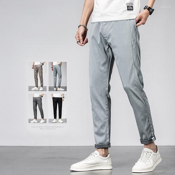 Pantalones de verano para hombre, tela de lyocell suave, informal, elástico, ajustado, clásico, Color sólido, coreano, azul, marrón, transpirables, para hombre