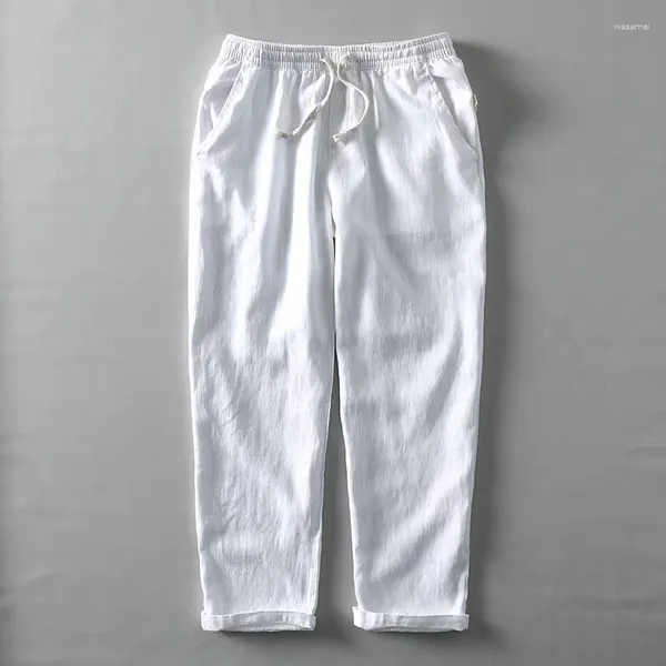 Pantalones para hombres verano color sólido playa estilos japoneses lino de algodón suelto de algodón transpirable pantalones de dibujo