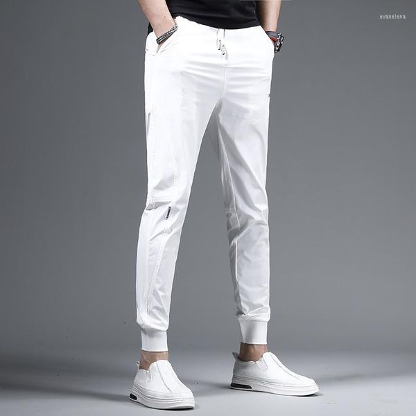 Pantalones deportivos de verano para hombre, informales, blancos, ligeros, ajustados, cintura elástica, con cordón, CP2282