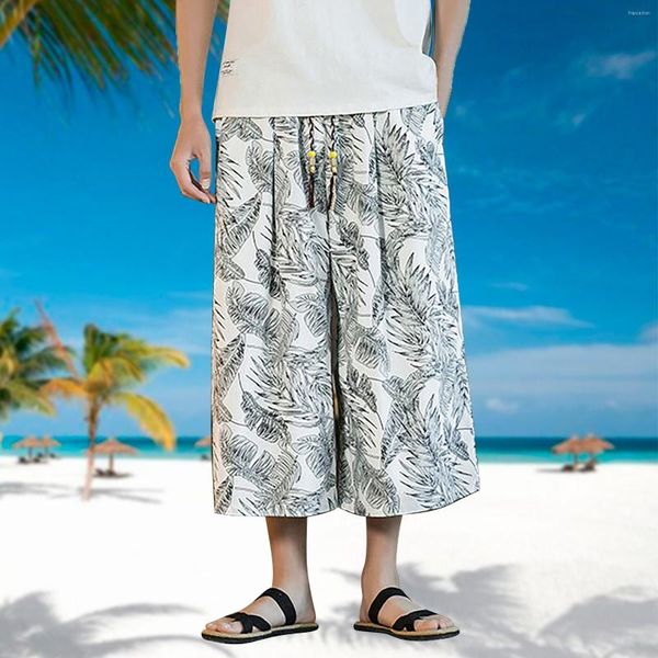 Pantalones para hombres Verano Tailandia Turismo Hawaii Hielo Seda Playa Flor Hombres Moda Pierna Ancha Capris Año Calcetines Tie Band