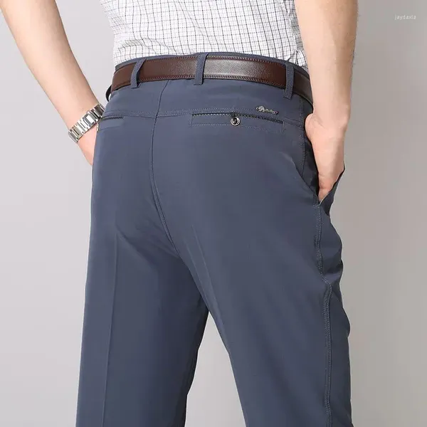 Pantalones para hombre, traje informal fino de verano, rectos, sueltos, de seda de hielo, ultrafinos, elásticos, transpirables, pantalones formales de negocios para hombre de talla grande