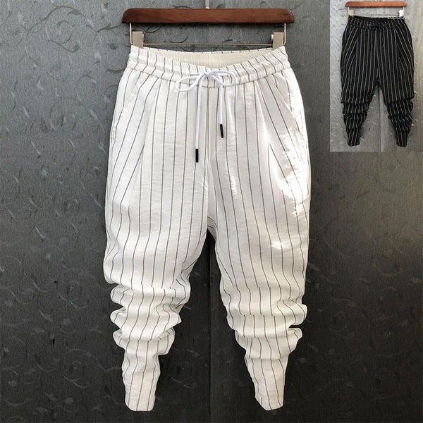 Pantalones para hombres Verano Thin Coreano Moda Casual Leggings Rayas Elásticas Nueve Ropa Pantalones Jogger Pierna ancha Streetwear Hiphop