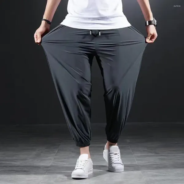 Pantalones para hombres Summer delgados deportes delgados seda de hielo deporte transpirable con bolsillos con pada de tobillo elástica para gimnasio