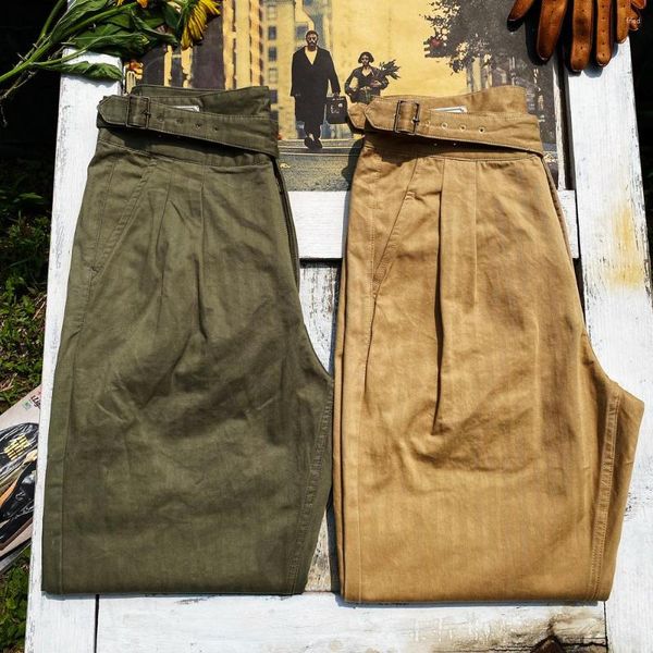 Pantalones para hombres sastre brando americano vintage caki workwear gurkha 270g patrón de espiga algodón suelto heterosexual casual