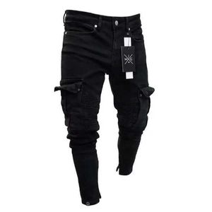 Pantalones para hombres ultra delgados bicicletas para hombres desgarrados pantalones largos de mezclilla apretados jeans de bolsillo jóvenes jóvenes pantalones destruye elástico negro Q240429