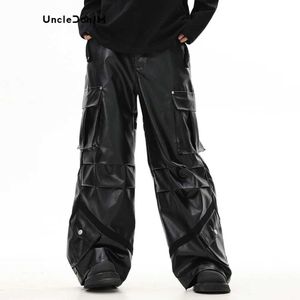 Pantalon masculin Unledonjm Mens Pantalon en cuir épais Design plissé plusieurs poches de poche Poches Poches Unisexe Stylel2405