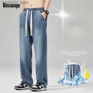 Herenbroeken UnVanqu Harajuku Street Eenvoudige elastische taille Wide Legs Lyocell Jeans Mens Losse rechte zomer dunne mode casual broek Q240529