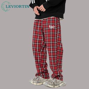 Pantalon pour hommes polyvalent décontracté plaid hommes harajuku streetwear y2k unisexe baggy lâche pantalon de cordon droit surdimensionné 230822