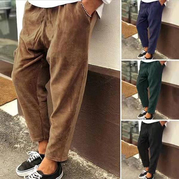 Pantalons pour hommes Vintage velours côtelé hommes solide taille moyenne droite longue pantalon été décontracté Streetwear hommes pantalons automne mode