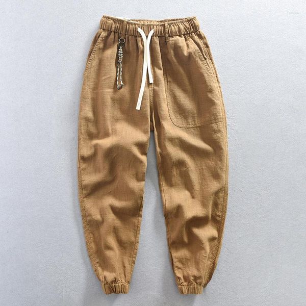 Pantalones para hombres Cargo vintage de lino de algodón para hombres flojo flojo elástico cordón cordero cintura cómoda pantalones jogger con bolsillos