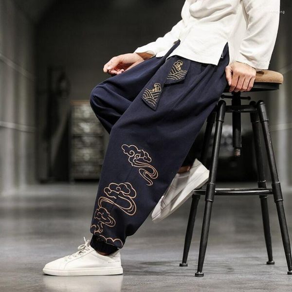 Pantalones para hombres moda vintage flowe jogging pantalones bordados japoneses pantalones de lino de algodón macho streetwear m-5xl