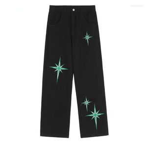 Pantalones de hombre Vintage Jeans para hombre Harajuku Streetwear Hip Hop estrella bordada Baggy Denim casual pantalones de cintura alta negro