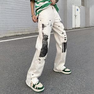 Heren broek vintage onzijdige stijl seksloze harajuku retro originaliteit graffiti printing casual jeans chic straat houtkap broek