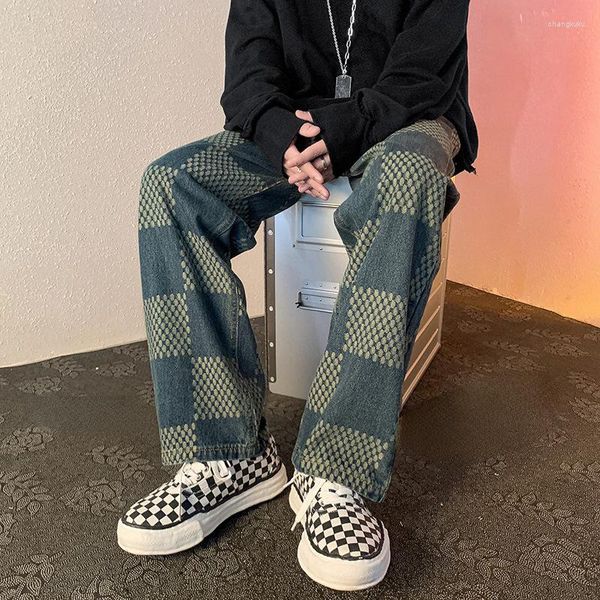 Pantalones de hombre Vintage Plaid Casual Jeans para hombres recto suelto Harajuku moda amplia diseñador Streetwear Denim Baggy ropa masculina