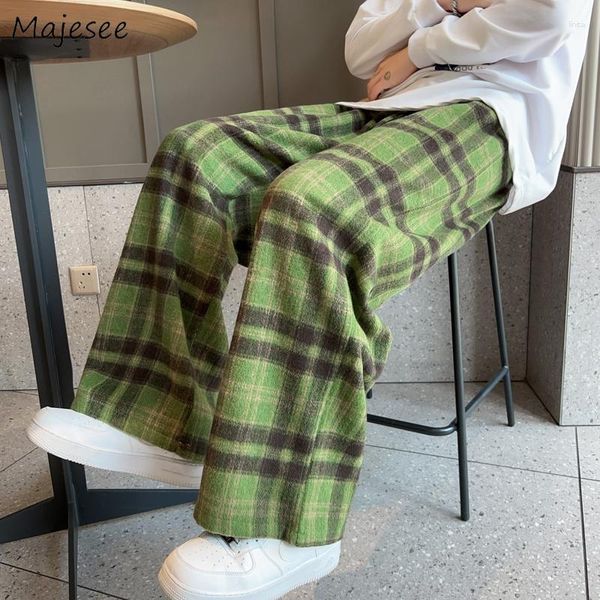 Pantalones para hombres Vintage Plaid Casual Hombres Pierna ancha Pantalones de trapeador Baggy S-3XL Streetwear Otoño Pantalones de lana Cordón Harajuku Ins