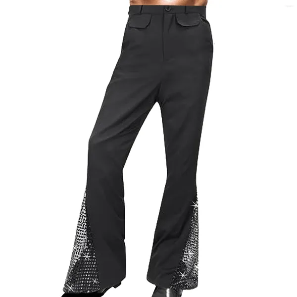 Pantalones para hombres Vintage Lentejuelas Pantalón acampanado Hombres 70s Pantalones de cintura alta Danza Discoteca Fiesta Etapa Traje Masculino Casual Slim Fitness Retro