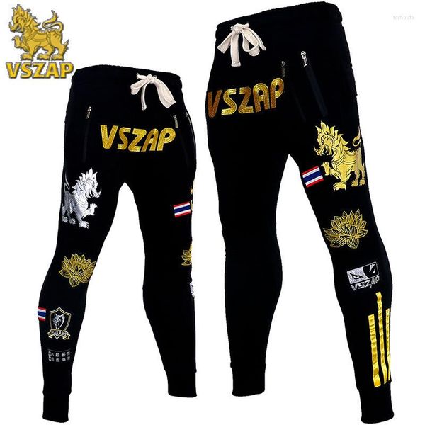 Pantalones masculinos vszap muay thai pantalones de lucha kirin lotus chándales fitness mma lucha deportiva bordado corriendo