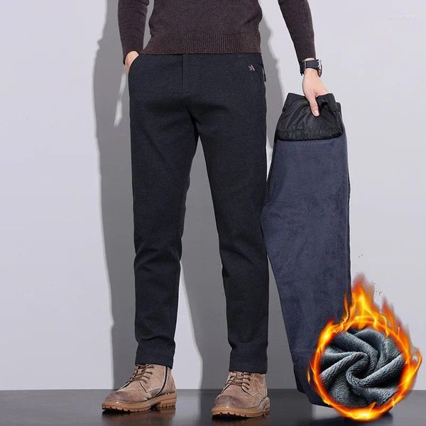 Pantalon chaud et décontracté en tissu brossé pour homme, coupe cintrée, extensible, épais, gris, noir, automne hiver, 2023