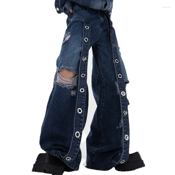 Pantalones para hombre estilo Wasteland, vaqueros de mujer lavados y destruidos de vanguardia, diseño de cinta rasgada, pantalones con parte inferior acampanada Sense Mop