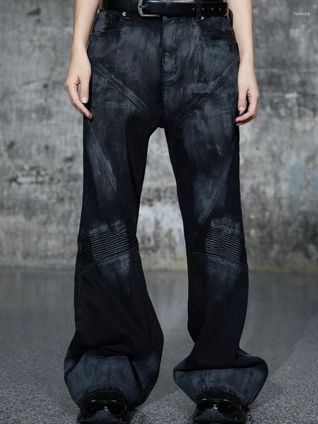 Pantalons pour hommes Wasteland Style unisexe Wear Punk High Street revêtement en détresse sale teint plissé noir jean évasé pantalon hommes