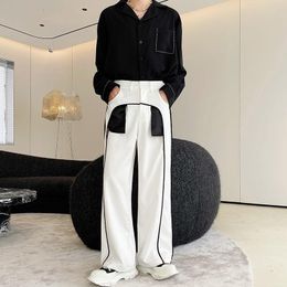 Calças masculinas vestem 2023 outono perna larga para casal causal patchwork calças soltas masculino bolso grande