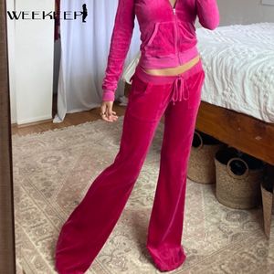 Broek voor heren Weekeep Fluwelen casual dames streetwear hoge taille vastgebonden losse flare jogger herfst esthetische roze schattige zakbroek 230923