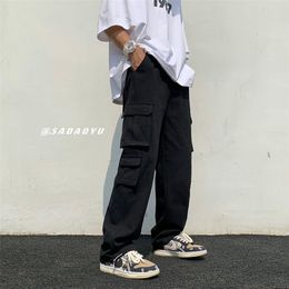 Herenbroek witte zwarte katoenen vracht mode multipocket casual streetwear losse hiphop rechte s broek 220922