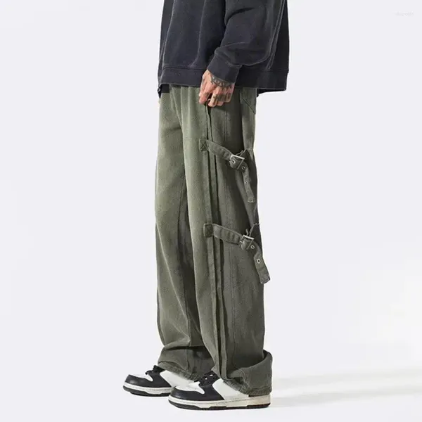 Pantalon Cargo à jambes larges pour hommes, élégant, taille moyenne, avec boucle latérale, jambe droite et large, pour garçons de longue durée