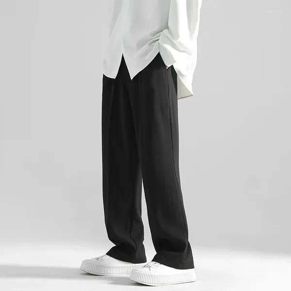 Pantalones para hombre Traje de hombre de pierna ancha Sueltos Seda de hielo Estilo coreano Pantalones rectos Color sólido Slim Fit Negro M-5xl