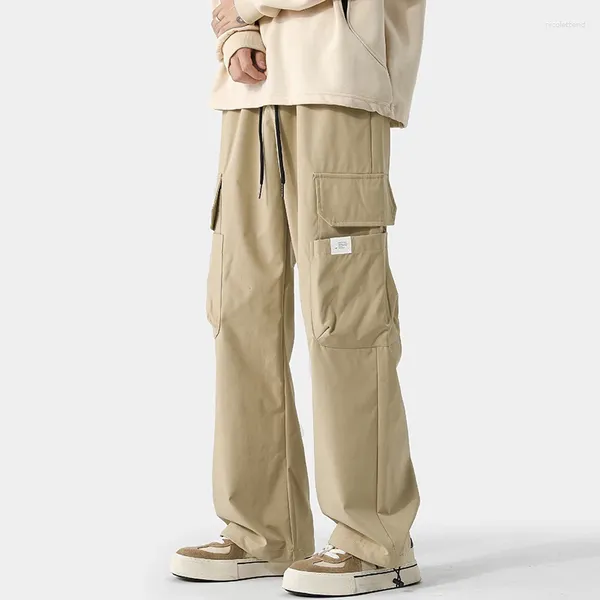 Pantalones para hombres Pierna ancha Bolsillo Cargo Hombres Escalada Pantalones Neutral Suelto Casual Hip Hop Streetwear Cordón recto al aire libre