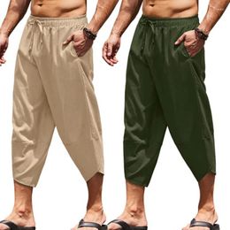 Pantalones de hombre de pierna ancha de verano Harajuku pantalones largos de pantorrilla Casual algodón lino Harem holgado Dstring ropa de playa