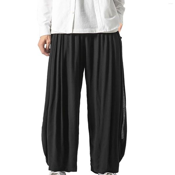 Pantalones de hombre de pierna ancha con algodón mejorado y lino Hakama de doble capa sueltos casuales con piernas 10 Star Flat Front