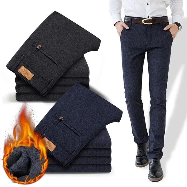 Pantalones de hombre de invierno 2024, pantalones cálidos informales de estilo clásico, moda de negocios, pantalones gruesos de lana ajustados, ropa de marca negra y azul