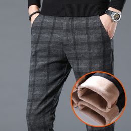 Herenbroek winter fleece broek me hoogwaardige zakelijke casual plaid slank katoen lange broek mannelijk zwart grijs dikke pant big size 28-40 230320