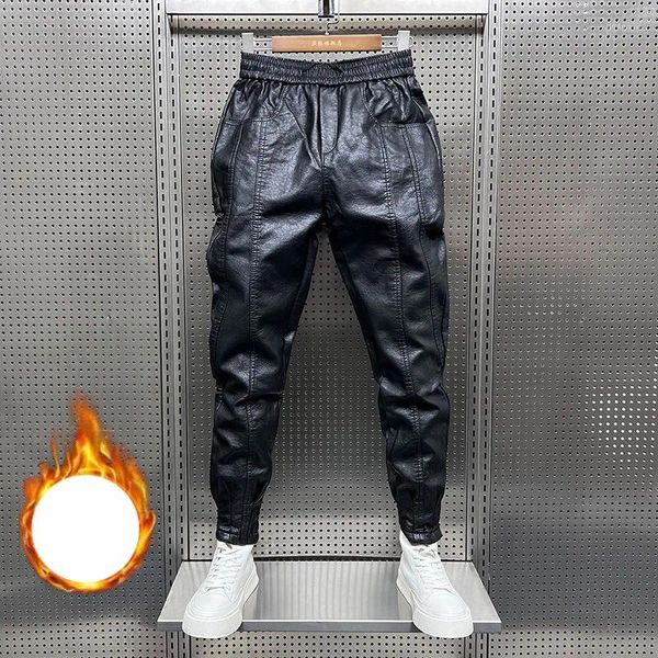 Pantalones para hombres invernal kpop estilo harajuku fit cuero suelto todos los combinados en espesamiento de bolsillos coreanos coreanos pantalones