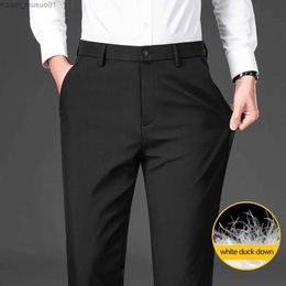 Pantalons pour hommes hiver léger et chaud pantalons décontractés de haute qualité mode d'affaires couleur unie pantalon droit extensible noir gris foncéL231113