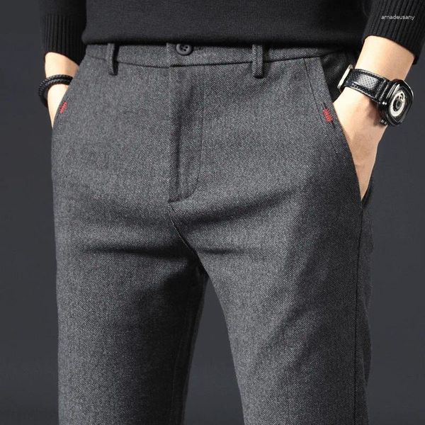 Pantalons pour hommes Hiver Hommes Brossé Tissu Casual Business Mode Slim Fit Stretch Épais Gris Bleu Noir Pantalon Mâle Droit