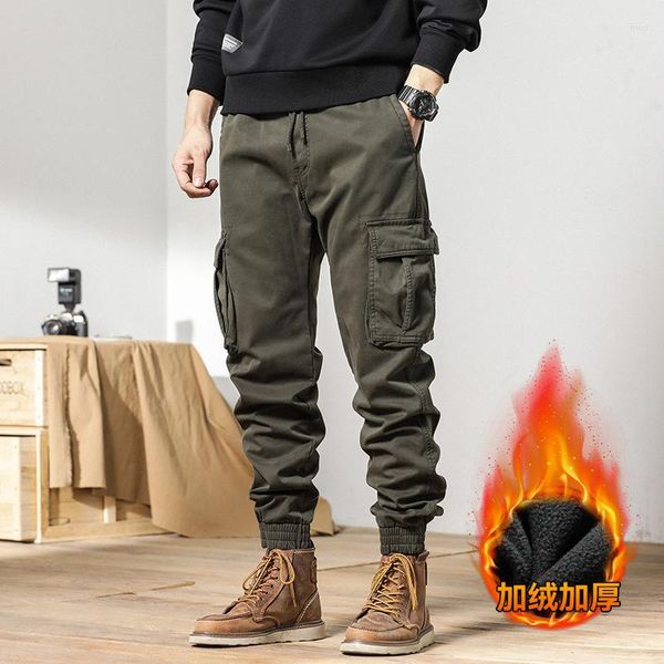 Pantalones de invierno para hombre, con múltiples bolsillos, cargo, grueso, cálido, forro polar, ajustados, para correr, ropa de calle, pantalones térmicos informales de algodón