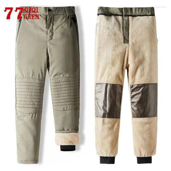 Pantalons pour hommes hiver rembourré hommes polaire doublure graphène poches zippées décontracté mode chaud droit coupe-vent épais pantalon mâle 2024