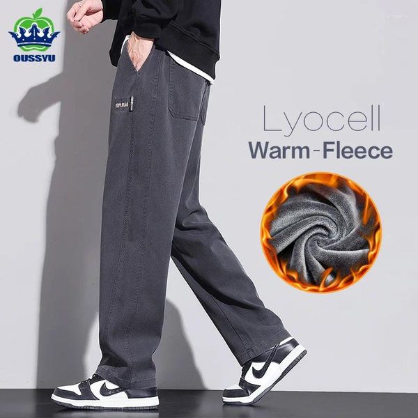 Pantalons pour hommes Hiver Doux Lyocell Tissu Chaud Polaire Casual Hommes Taille Élastique Droite Épaisse Corée Travail Flocage Pantalon Mâle Plus Taille